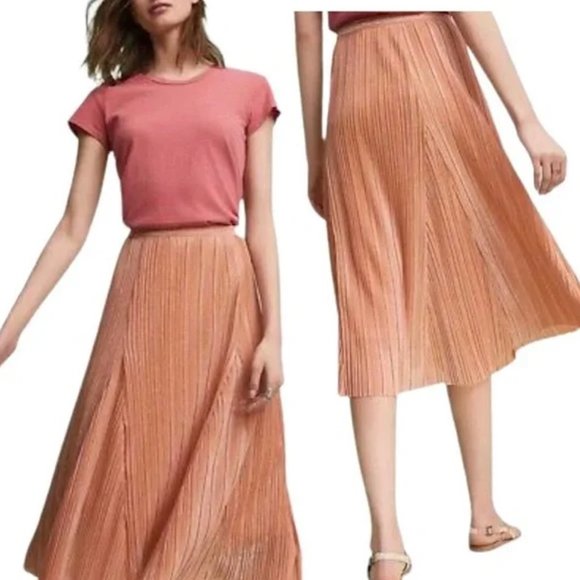 Relaxed Metallic Pleated Midi Skirt Sz S US Maeve Anthropologie Ambra Rose Gold - Picture 3 of 12